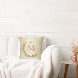 Elegant Graduation Gold Laurel Wreath Monogram Cushion