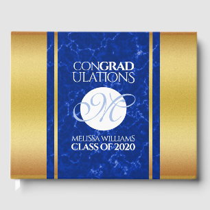 Elegant Graduation Monogram Blue Marble Gold Foil Guest Book
