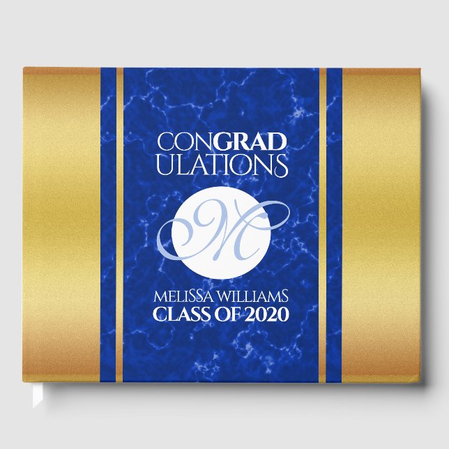 Elegant Graduation Monogram Blue Marble Gold Foil Guest Book (Front)