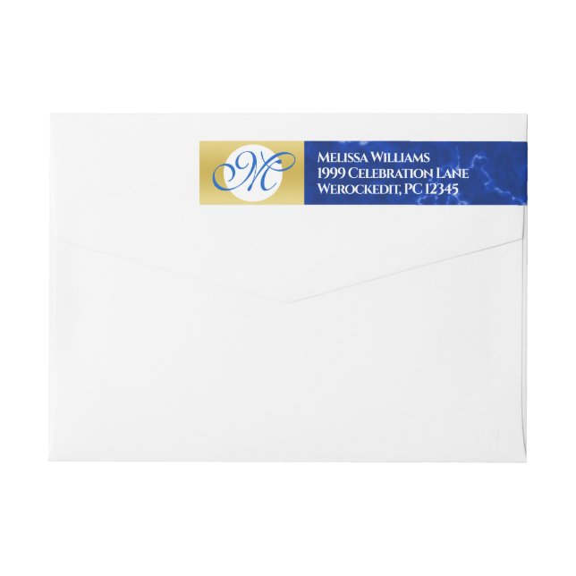 Elegant Graduation Monogram Blue Marble Gold Foil Wrap Around Label (Back)