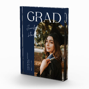 Elegant Graduation Name and School Navy Blue Photo Block