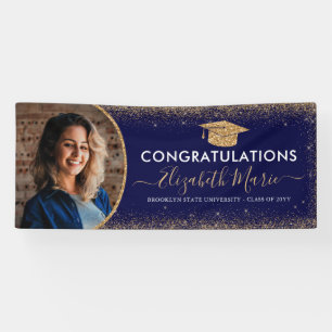 Elegant Graduation Navy Blue Gold Glitter Photo Banner
