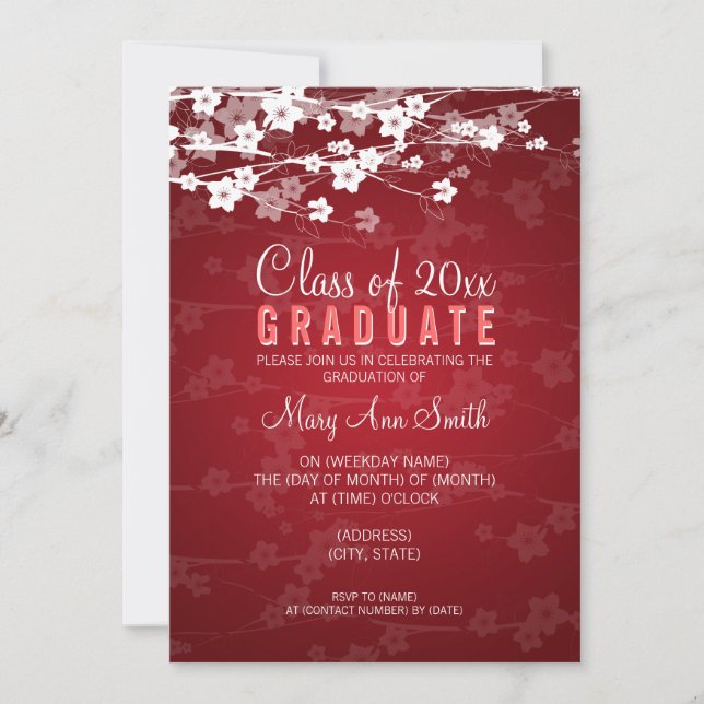 Elegant Graduation Party Cherry Blossom Red Invitation (Front)