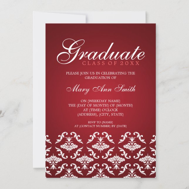 Elegant Graduation Party Damask Red Invitation (Front)