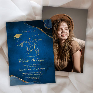 Elegant Graduation Party Navy Blue Photo Invitation