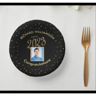 Elegant Graduation Party Photo Black Gold Paper Plate