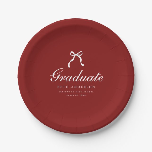 Elegant Graduation Party Wine Red Coquette Bow Paper Plate (Front)
