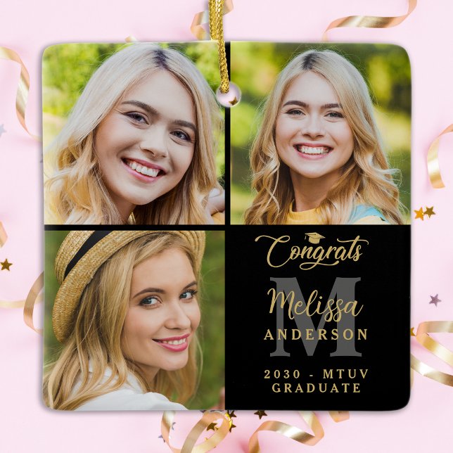 Elegant Graduation Personalised 3 Photo Collage Ceramic Ornament (Creator Uploaded)