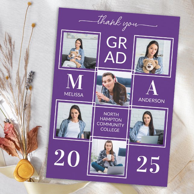 Elegant Graduation Personalised 6 Photo Collage Thank You Card (Creator Uploaded)