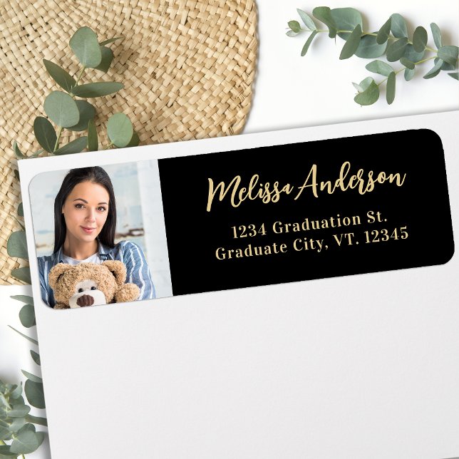 Elegant Graduation Photo Black Gold Return Address (Creator Uploaded)