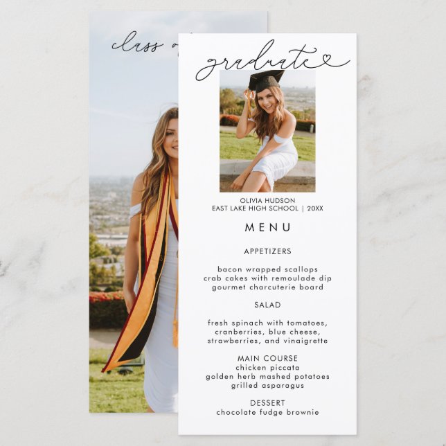 Elegant Graduation Photo Calligraphy Menu Card (Front/Back)