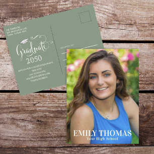 Elegant Graduation Photo Minimalist Script Sage Postcard
