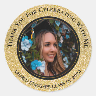 Elegant Graduation Photo Year Gold Glitter Classic Round Sticker