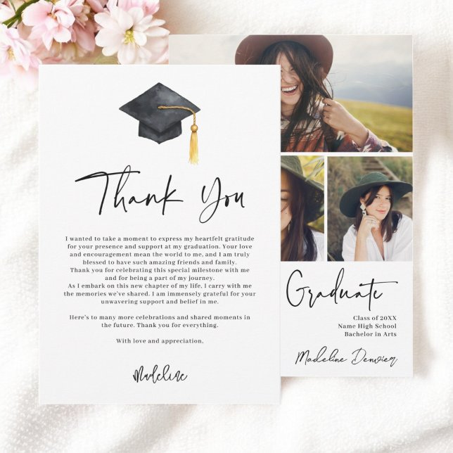 Elegant Graduation Photos and Cap Illustration Thank You Card (Elegant Graduation Photos and Cap Illustration Thank You Card)