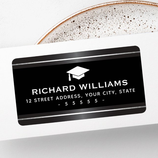 Elegant graduation satin grey faux silver borders label (Elegant graduation satin gray faux silver borders label)