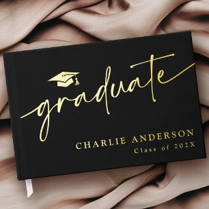 Elegant graduation script graduate cap name real guest book