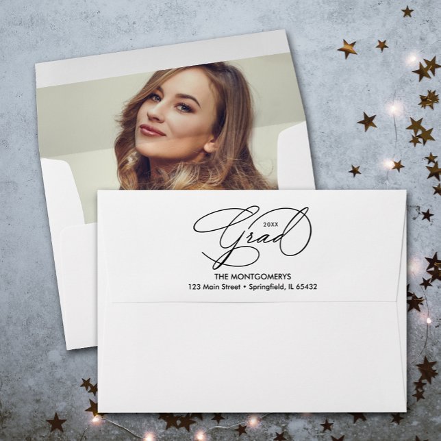 Elegant Graduation Script Photo Lined Envelope (Your photo is printed inside these envelopes with FREE return address and Graduate script and hat.)