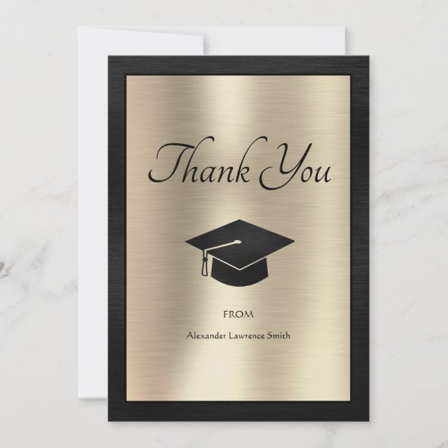 Elegant Graduation Thank You Script Black Gold Card (Front)