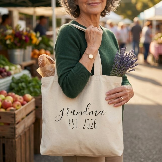 Elegant Grandma Est Year Minimalist Script Design Tote Bag (Creator Uploaded)