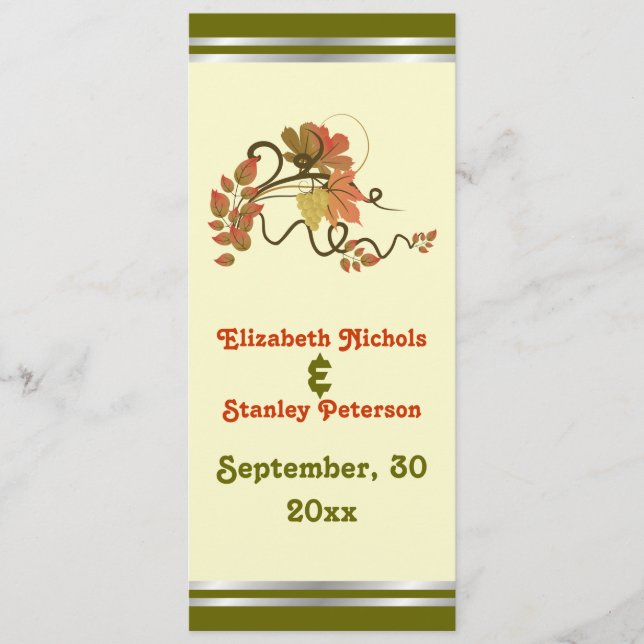 Elegant grape vine & leaves wedding program card (Front)