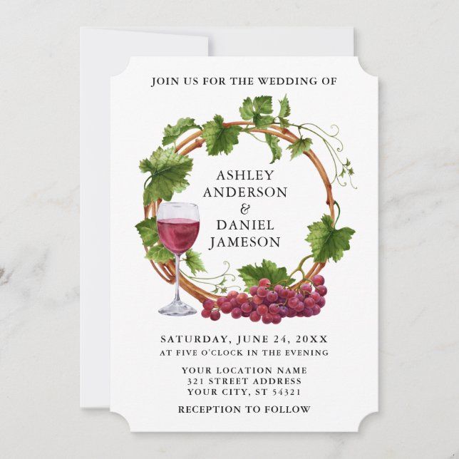 Elegant Grape Vines Watercolor Wreath Wedding Invitation (Front)