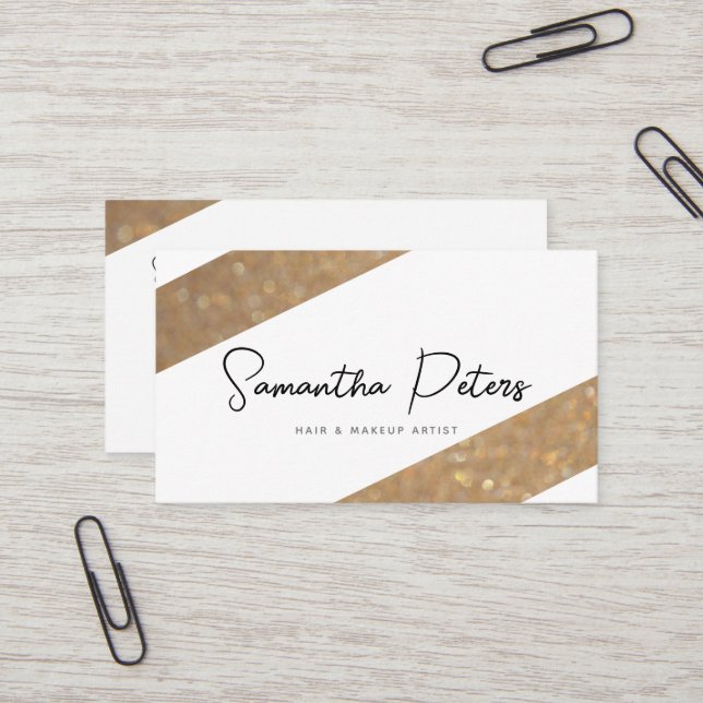 Elegant Graphic Black White Gold Glitter Stylist Business Card (Front/Back In Situ)