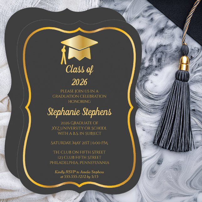 Elegant Graphite | Gold Cap Graduation Party Invitation (Elegant Graphite and Gold Tone Grad Cap Graduation Party Invitation - Print |  Download)