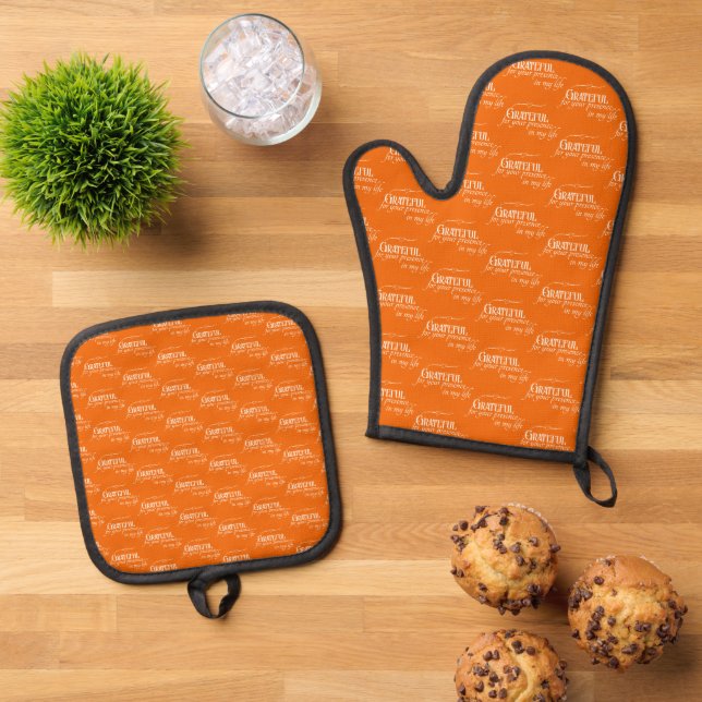 Elegant Grateful Thanksgiving Autumn Orange Oven Mitt & Pot Holder Set (Top Down)