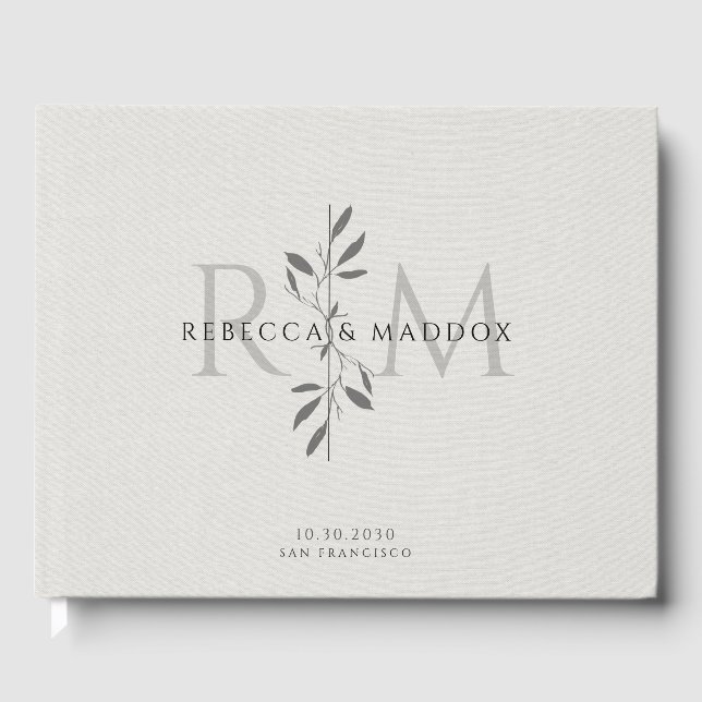Elegant Gray Botanical Monogram Wedding Guest Book (Front)