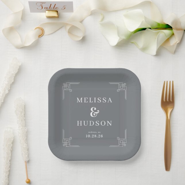 Elegant Gray Geometric Lines Paper Plate (Wedding)