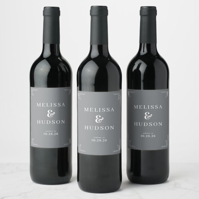 Elegant Gray Geometric Wedding Wine Labels (Bottles)