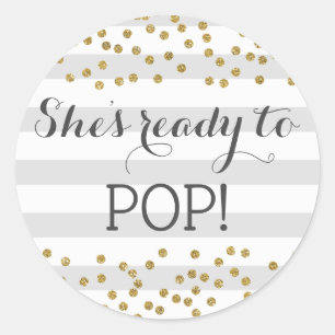 Elegant Gray Gold Neutral Baby Shower Ready to Pop Classic Round Sticker