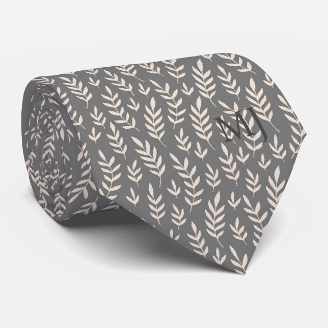 ELEGANT GRAY LEAF FOLIAGE PATTERN MONOGRAM INITIAL TIE (Rolled)