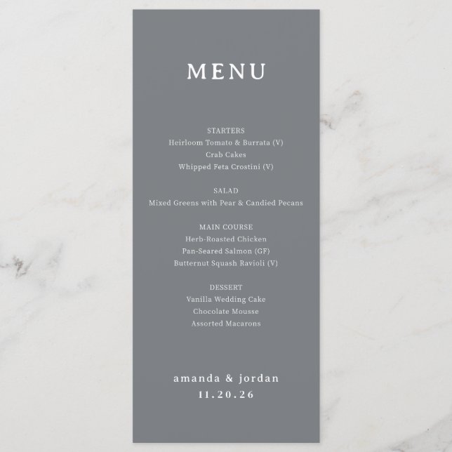 Elegant Gray Minimalist Wedding Menu (Front)