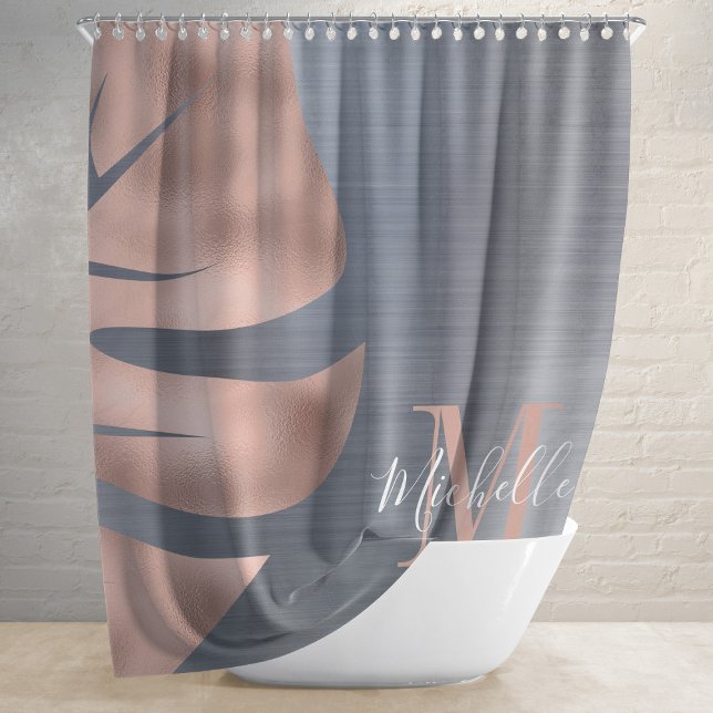 Elegant Gray Rose Gold Palm Leaf Monogram Shower Curtain (Creator Uploaded)