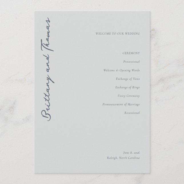Elegant Gray Wedding Ceremony Program Programme (Front)