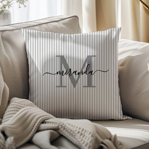 Elegant Gray & White Stripes Monogram Name Cushion