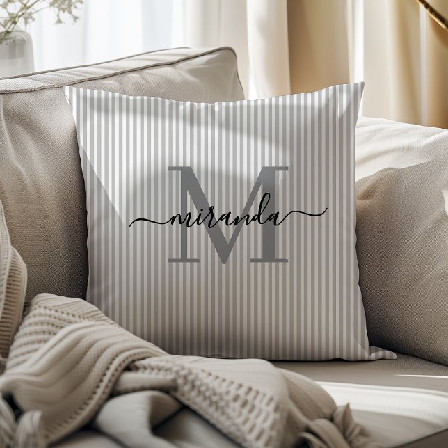 Elegant Gray & White Stripes Monogram Name Cushion (Creator Uploaded)