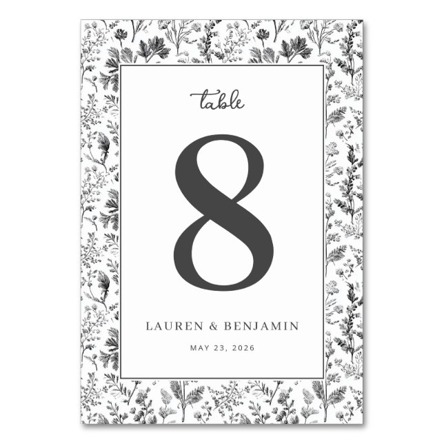 Elegant Grayscale Botanical Table Number (Front)