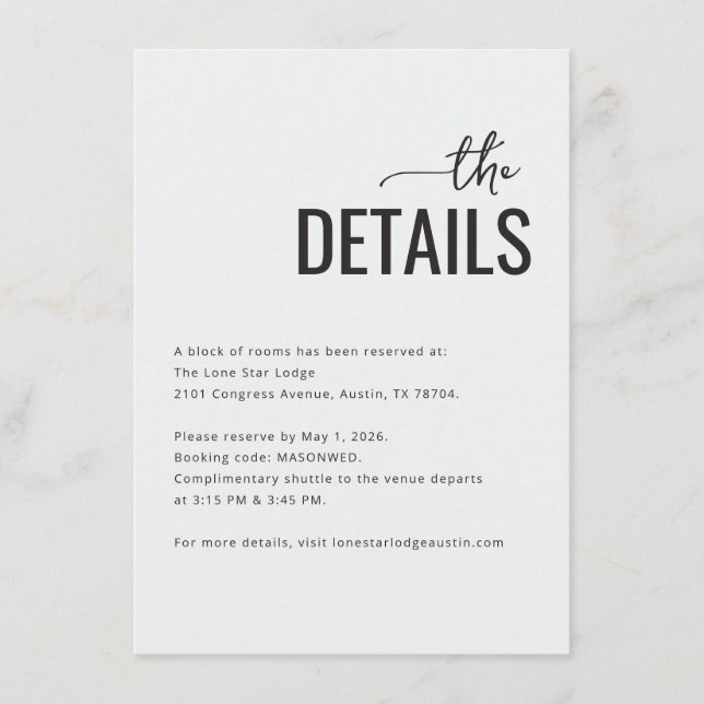 Elegant Grayscale Minimalist Wedding Details Card (Front)