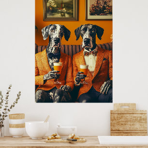 Elegant Great Dane Dogs Orange Suits Poster