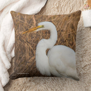 Elegant Great Egret Wading Bird in the Reeds Cushion
