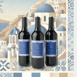Elegant Greek Blue and White Wedding Wine Label