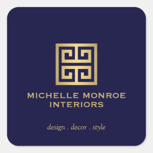 Elegant Greek Key Designer Logo Gold/Dark Blue Square Sticker