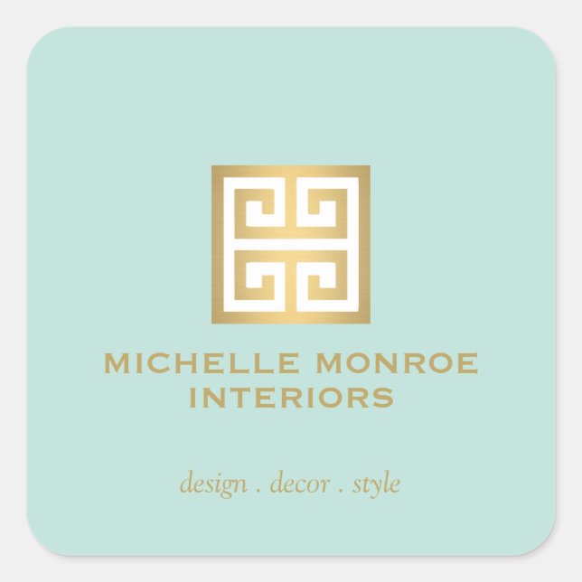 Elegant Greek Key Designer Logo Gold/Mint Square Sticker (Front)