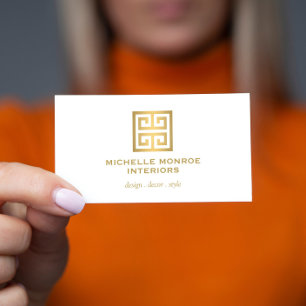 Elegant Greek Key Designer Logo Gold/White Business Card