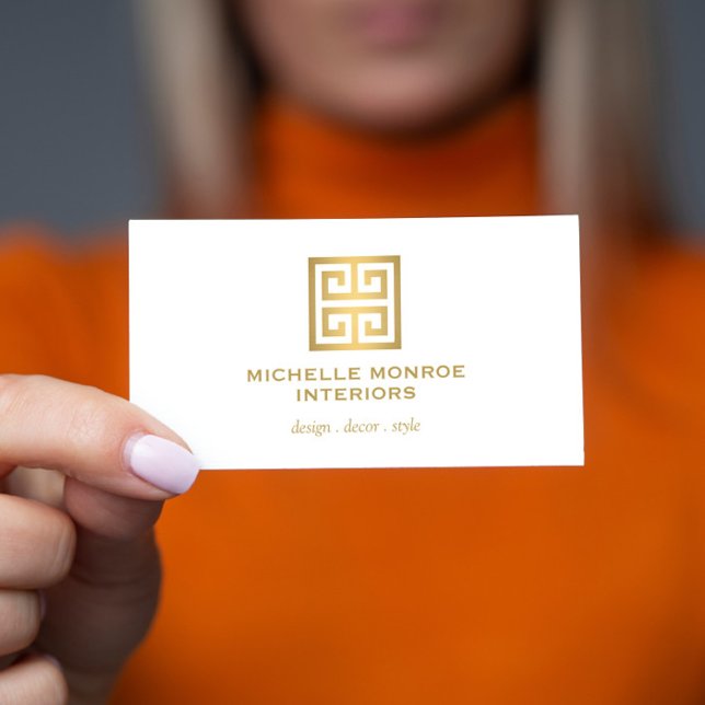 Elegant Greek Key Designer Logo Gold/White Business Card (Creator Uploaded)