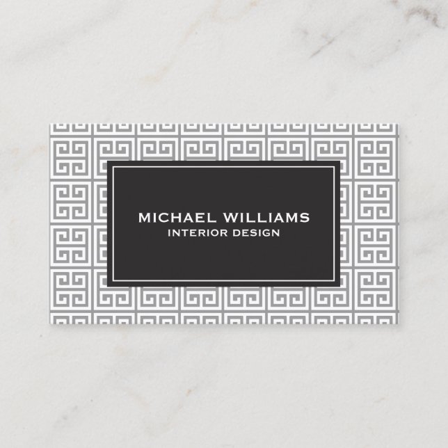 Elegant Greek Key Pattern in Grey/White Business Card (Front)