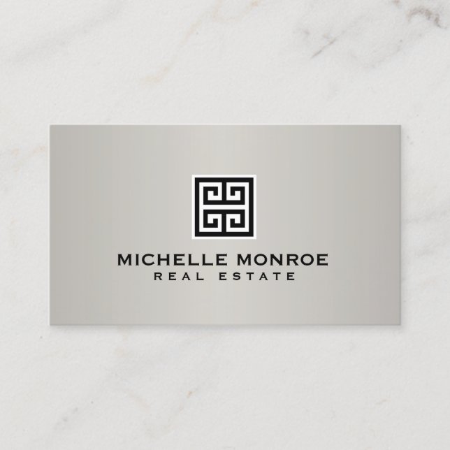 Elegant Greek Key Real Estate Logo Black/Grey Business Card (Front)