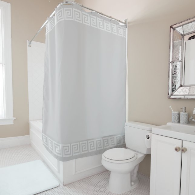 Elegant Greek Pattern on Light Silver Grey Shower Curtain (In Situ)